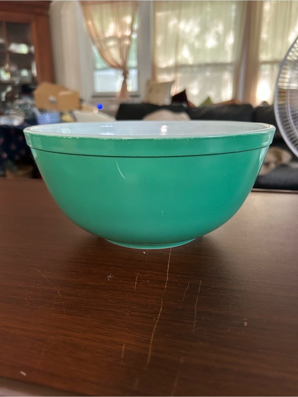 Vintage Pyrex green mixing bowl number 403, 8 1/2 inches wide. Nice.
